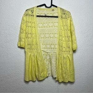 Anthropologie Knitted & Knotted Lace Stitch Heart Print Lime Green Cardigan